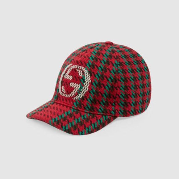 Gucci Houndstooth Baseball Hat With Interlocking G In Red And Green NEW W TAGS - Picture 6 of 9